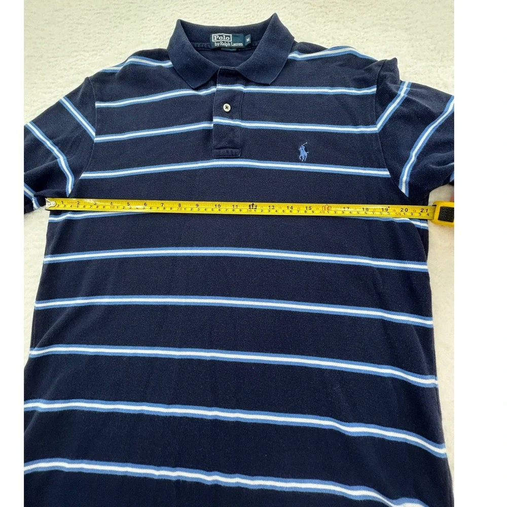 Polo Ralph Lauren Mens Navy Blue Striped Short Sleeve Pique Polo Shirt Medium